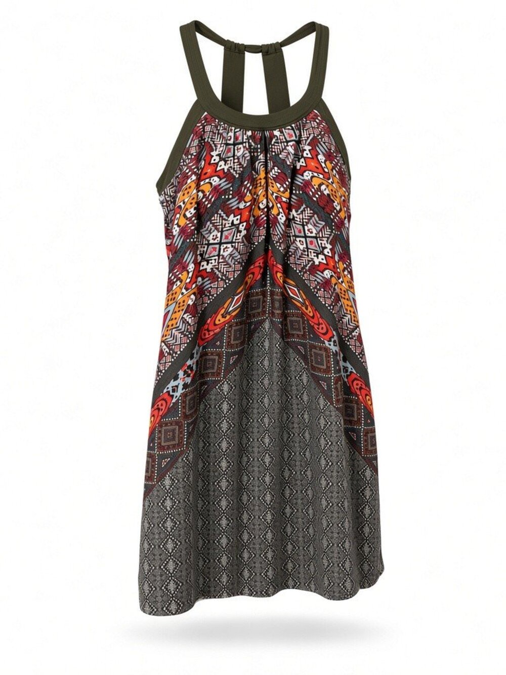 Prana Olive Green Patterned Tank Dress with Built-In Bra Size Medium